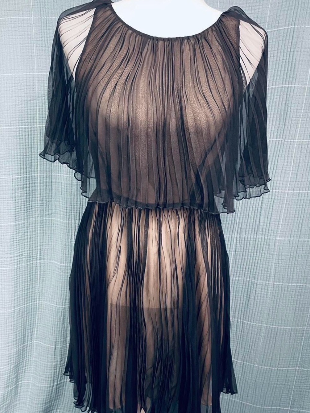 Black Sheer Chiffon Pleated Dress with Capelet Size Small